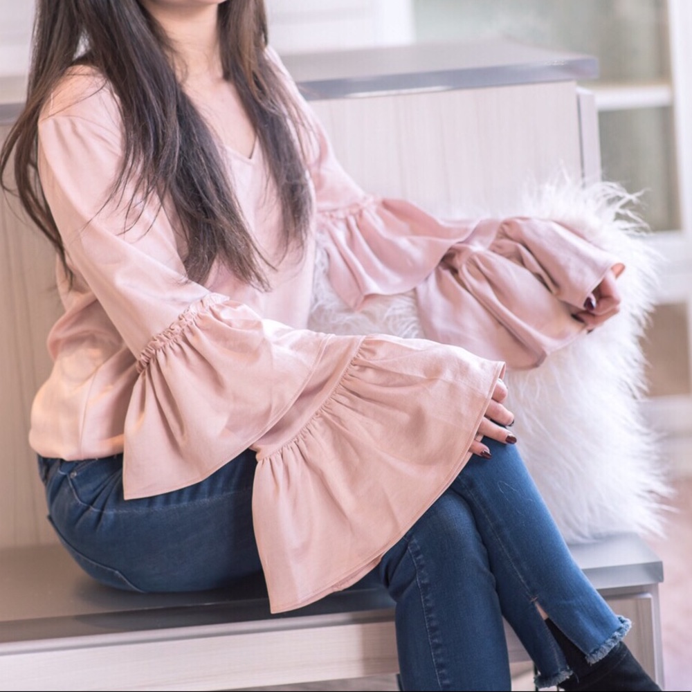 Tiered Silky Soft belled Sleeve Light Pink Blouse